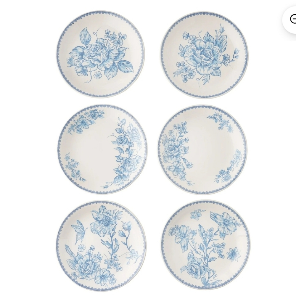 💕 2025 Pioneer Woman Agatha Blue and White Floral Appetizer Plates 6 Pack